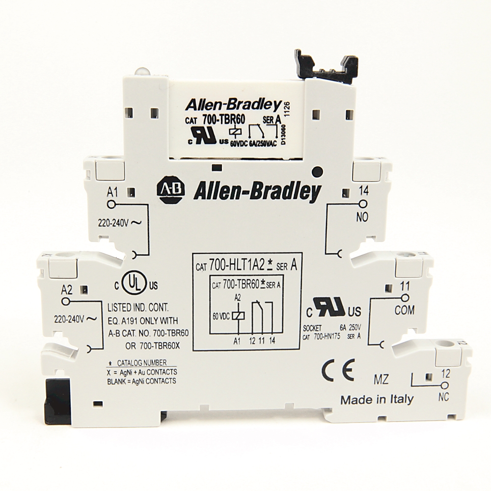 Allen-Bradley 700-HLT1A2 700-HLT1A2: Allen-Bradley SPDT Terminal Block 240V AC Relay Pack https://gesrepair.com/wp-content/uploads/2020/AB_Images/Allen-Bradley_700-HLT1A2.jpg