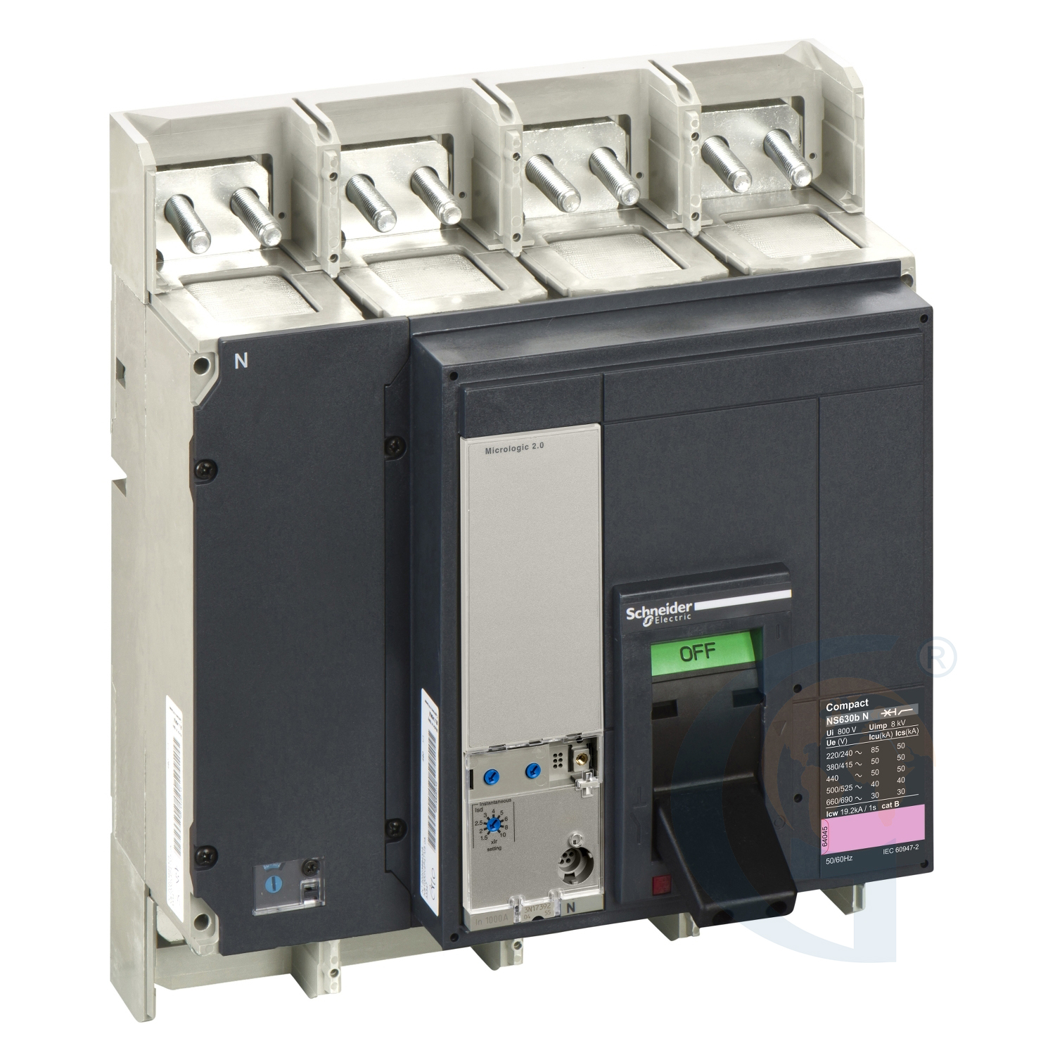 Schneider Electric 33463 circuit breaker Compact NS630bN, 50 kA at 415 VAC, Micrologic 2.0 trip unit, 630 A, fixed,4 poles 4d https://gesrepair.com/wp-content/uploads/2020/Schneider/Schneider_Electric_33463_.jpg