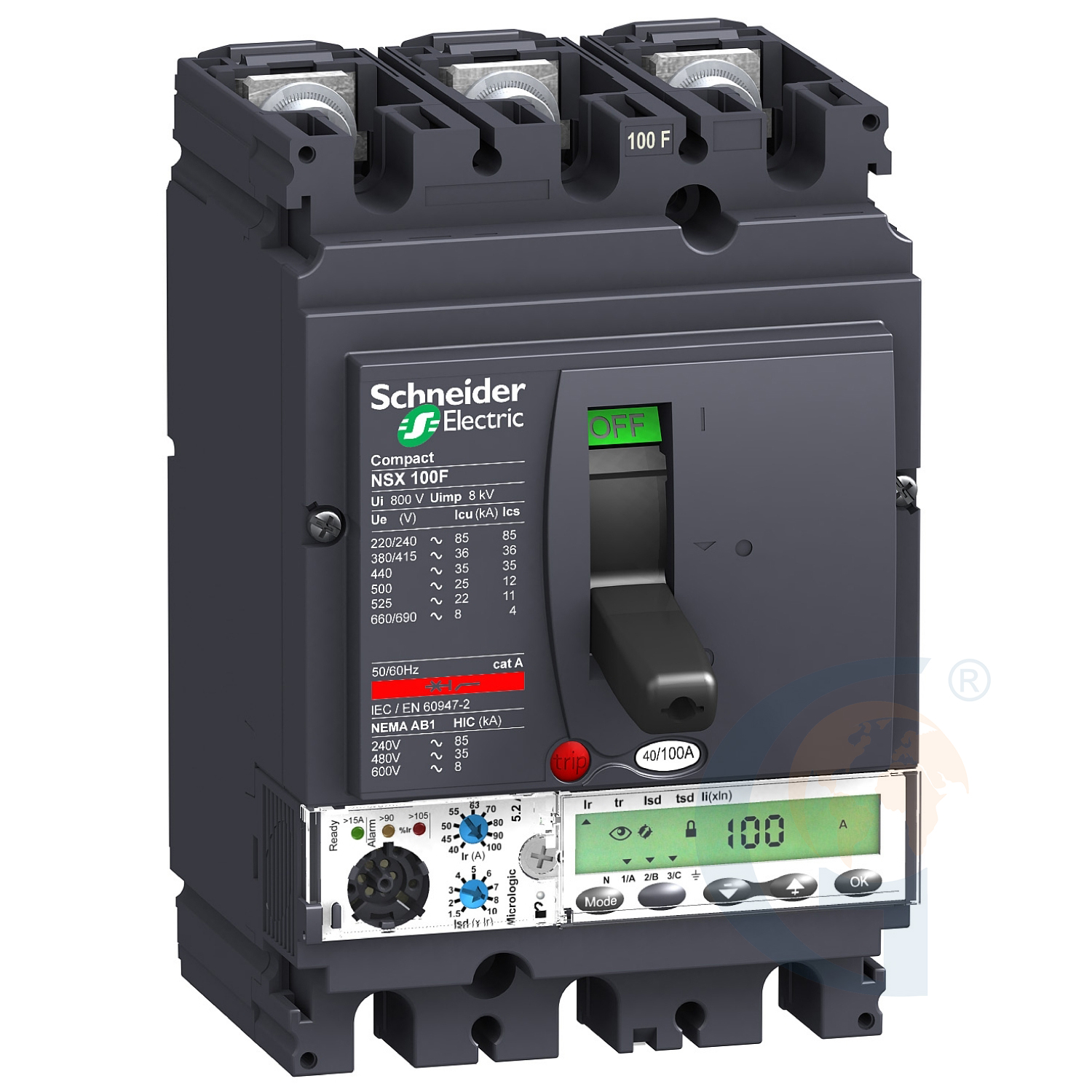 Schneider Electric LV429890 circuit breaker Compact NSX100N, 50 kA at 415 VAC, Micrologic 5.2 A trip unit 100 A, 3 poles 3d https://gesrepair.com/wp-content/uploads/2020/Schneider/Schneider_Electric_LV429890_.jpg