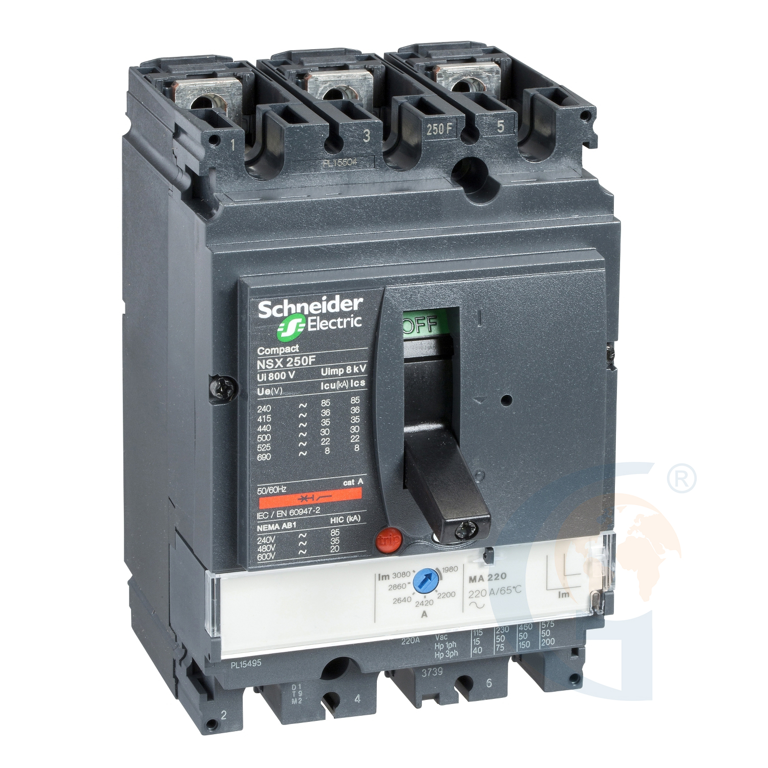 Schneider Electric LV431756 circuit breaker Compact NSX250H, 70 kA at 415 VAC, MA trip unit 220 A, 3 poles 3d https://gesrepair.com/wp-content/uploads/2020/Schneider/Schneider_Electric_LV431756_.jpg