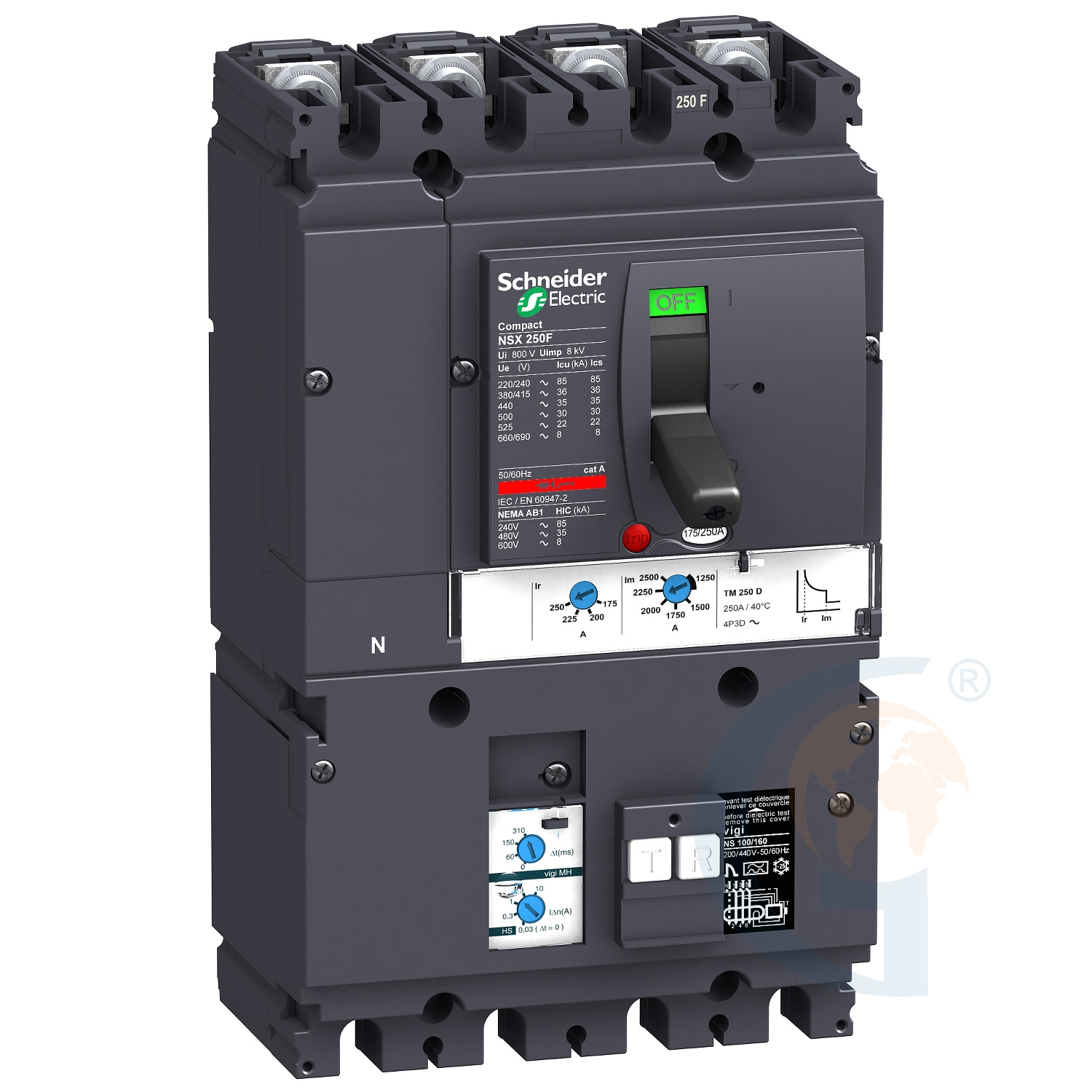 Schneider Electric LV431953 circuit breaker Vigicompact NSX 250F, 36 kA at 415 VAC, TM-D trip unit 125 A, add-on Vigi MH module, 4P 4d https://gesrepair.com/wp-content/uploads/2020/Schneider/Schneider_Electric_LV431953_.jpg