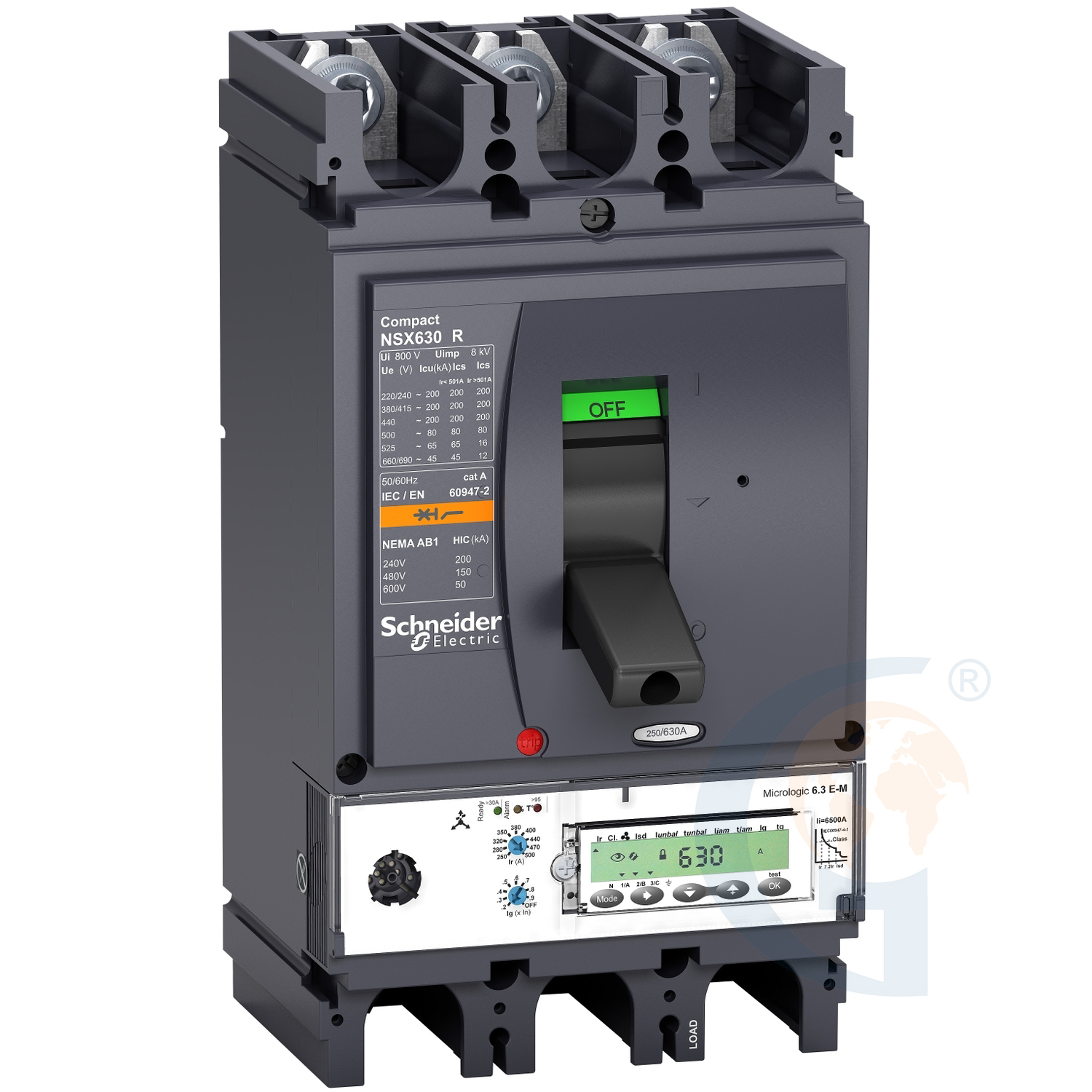 Schneider Electric LV433708 circuit breaker Compact NSX630R, 200 kA at 415 VAC, Micrologic 6.3 E-M trip unit 500 A, 3 poles 3d https://gesrepair.com/wp-content/uploads/2020/Schneider/Schneider_Electric_LV433708_.jpg