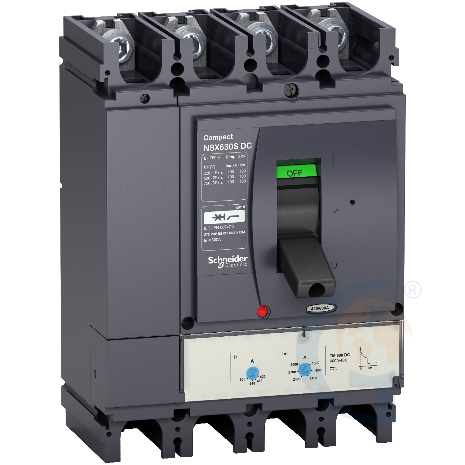 Schneider Electric LV438270 circuit breaker Compact NSX250S DC, 100 kA at 750 VDC, TM-DC trip unit, 250 A rating, 4 poles https://gesrepair.com/wp-content/uploads/2020/Schneider/Schneider_Electric_LV438270_.jpg