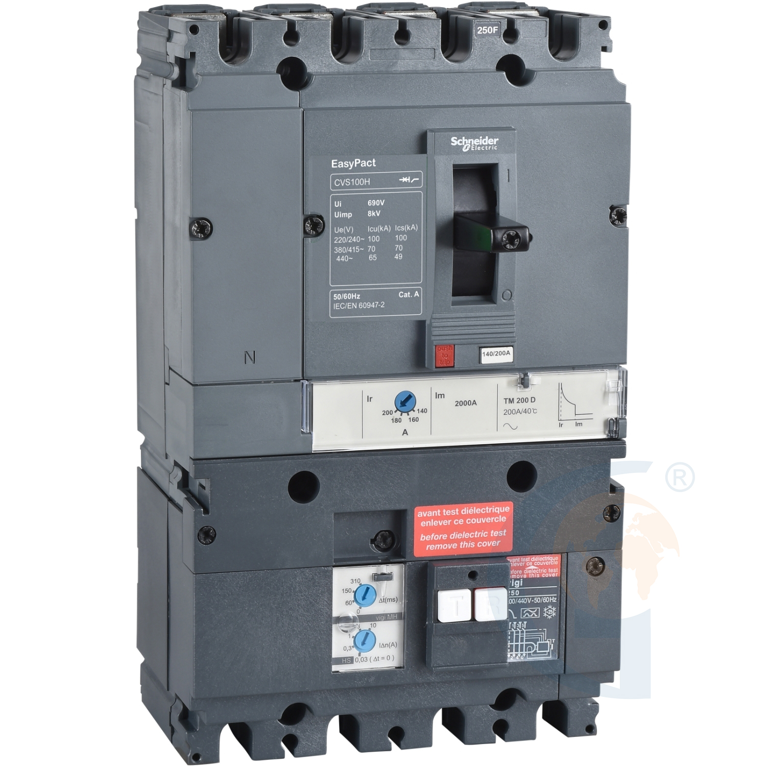 Schneider Electric LV516383 circuit breaker EasyPact Vigi CVS160B, 25 kA at 415 VAC, 160 A rating TM-D trip unit, MH Vigi module, 4P 4d https://gesrepair.com/wp-content/uploads/2020/Schneider/Schneider_Electric_LV516383_.jpg