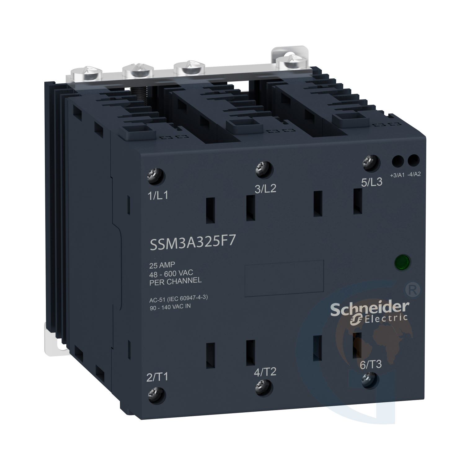 Schneider Electric SSM3A325P7 solid state relay – DIN rail mount – input 180-280Vac, output 48-600Vac, 25A https://gesrepair.com/wp-content/uploads/2020/Schneider/Schneider_Electric_SSM3A325P7_.jpg