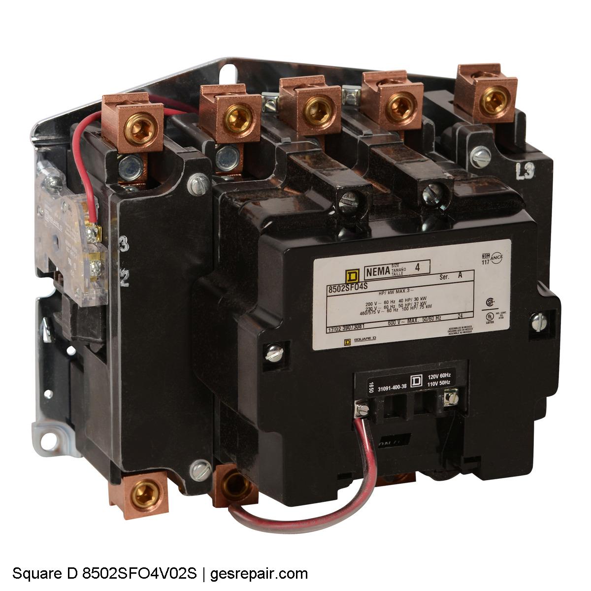 Square D Square-D-8502SFO4V02S Square D 8502SFO4V02S Contactor https://gesrepair.com/wp-content/uploads/2025/05/Square_D_8502SFO4V02S_Contactors.JPG