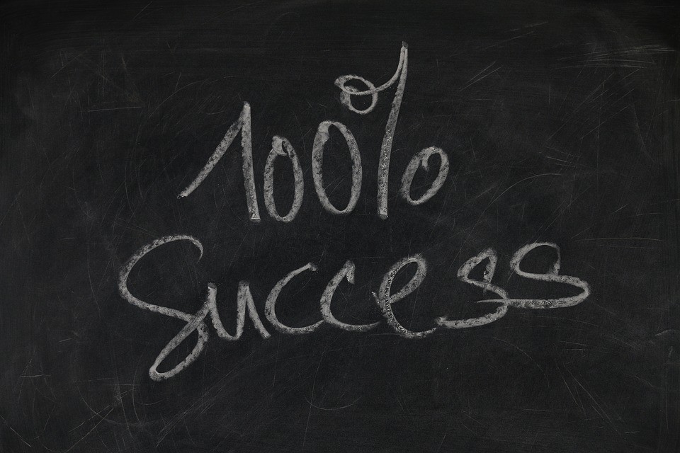 A blackboard with 100% success written in chalk on it