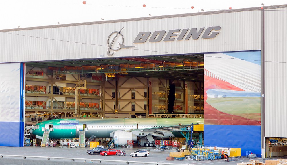Boeing headquarters with an airplane inside