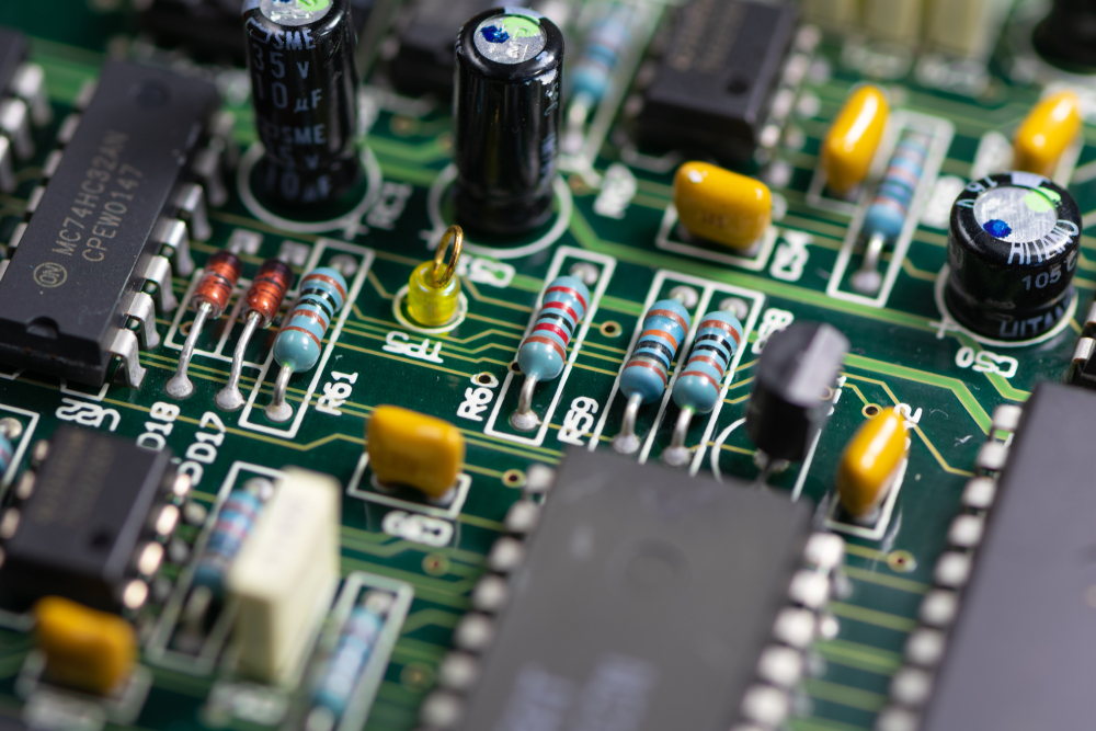 Close Up Shot of PCB Unit With Visible Resistors, Capacitors