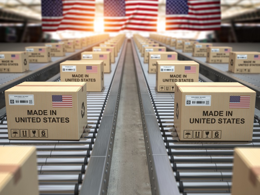 Packages with a Made in the USA label in front of American flags