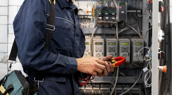 Electrician Engineer Checks Electrical Circuit In Control Panel