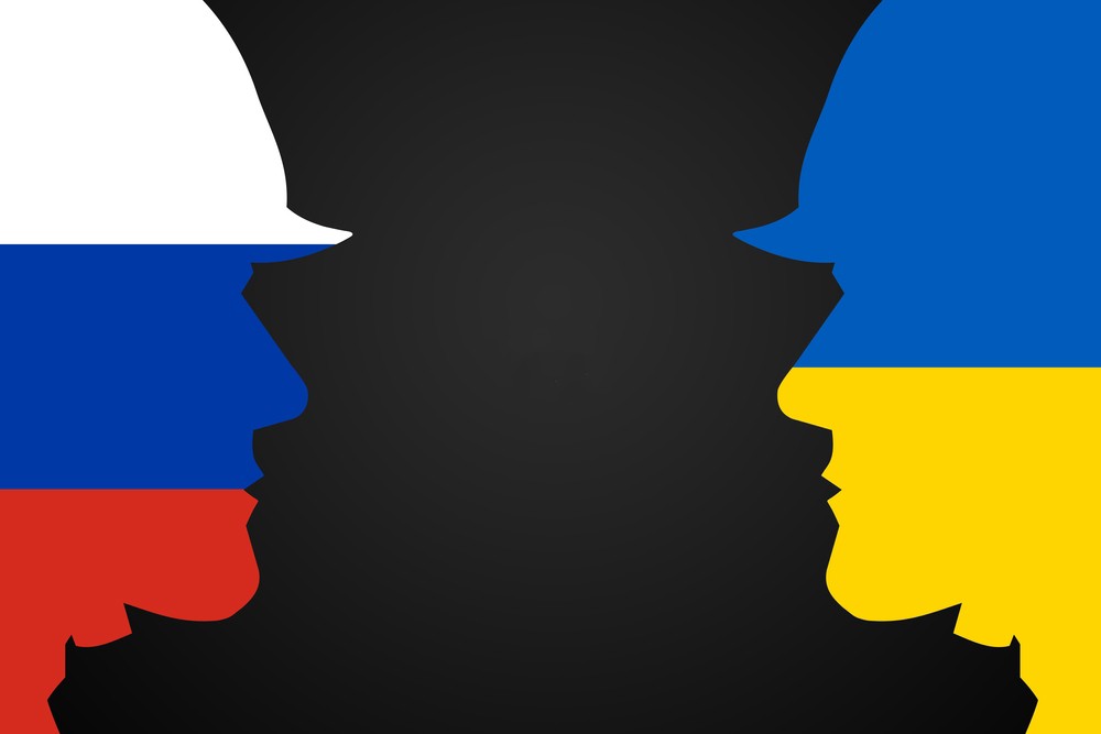 Conflict between Russia and Ukraine war concept. Russian and Ukrainian flag background.
