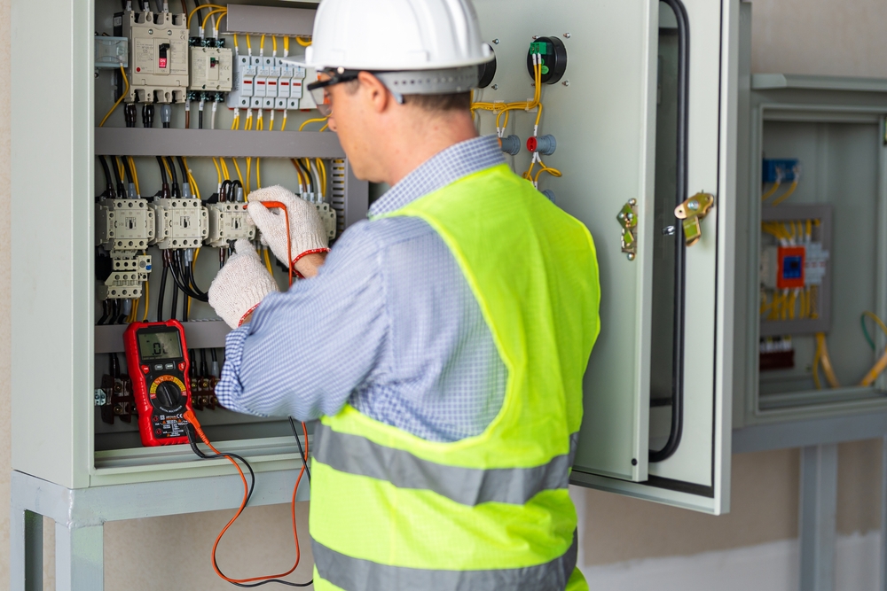Electrician Engineer Work Measuring Voltage And Current Of Power