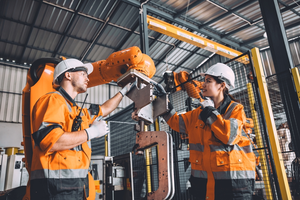 Engineer Team Service Robot Welding Working In Automation Factory