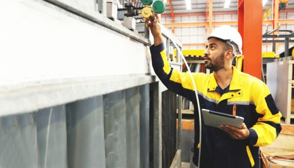 Factory Safety : Male Technician Engineer Wearing Helmet Holds Tablet