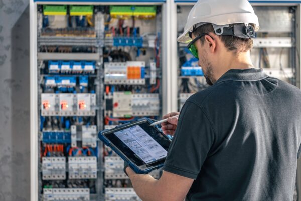 An Electrical Working In A Switchboard With Fuses