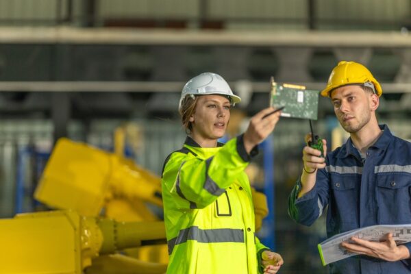 Industrial Engineer And Technician Collaborate On Inspecting Printed Circuit Board