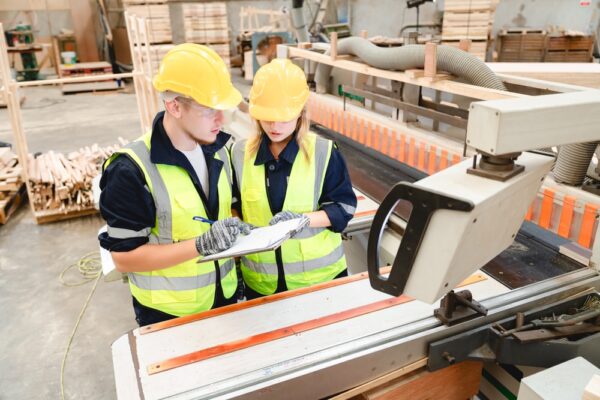 Industrial Workers Reviewing Plans And Notes