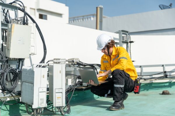 Engineer In Safety Helmets And Yellow Jackets Inspecting Electrical Control