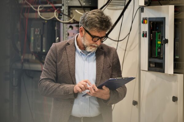 Engineer Reviewing Technical Equipment In Factory