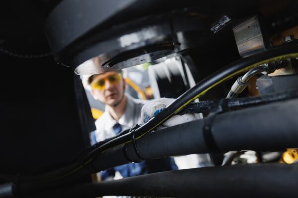 Mechanic Checks Hydraulic Hose System