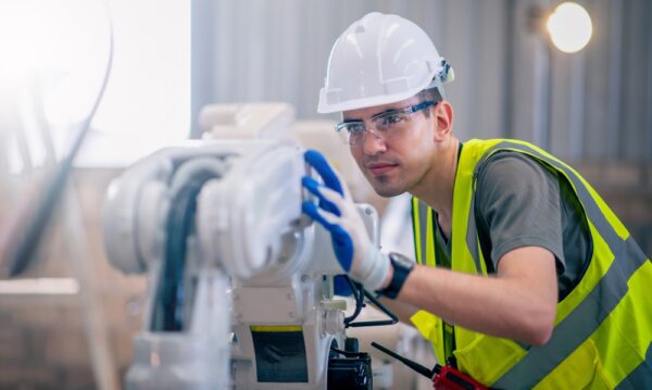 Engineers Mechanic Using Computer Controller Robotic Arm For Welding Steel