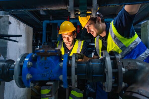 Two Engineers In Safety Gear Closely Examine Blue Industrial Piping