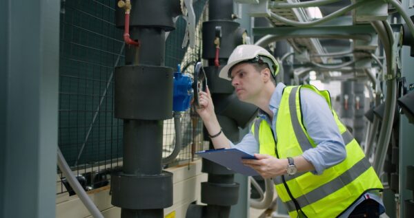 Professional Engineer Is Inspecting Industrial Machinery Valves and Pipelines