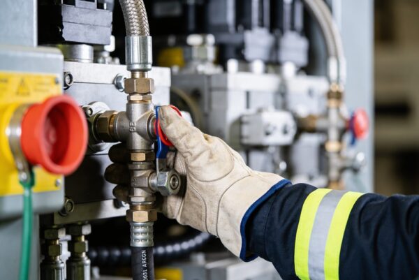 A Gloved Hand Operates A Control Lever On A Hydraulic Machine