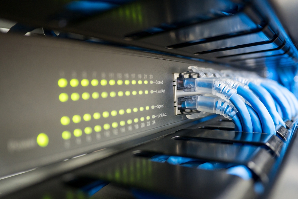 Network Switch And Ethernet Cable In Rack Cabinet
