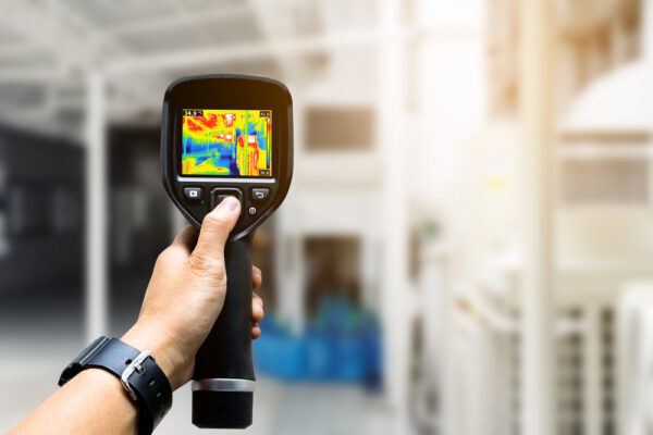 Technician Uses Thermal Imaging Camera To Check Temperature In Factory